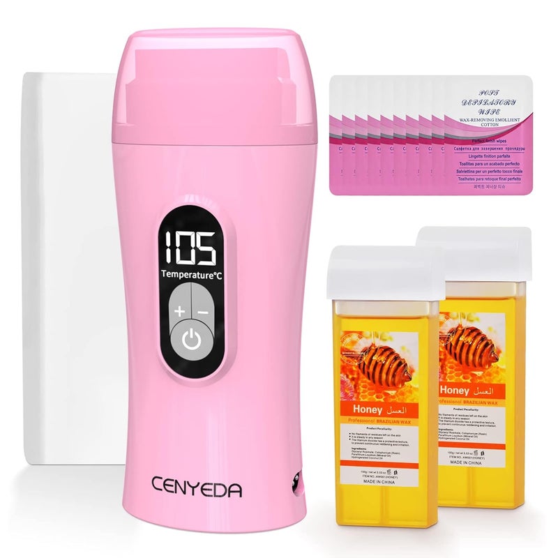 CENYEDA Digital Roll On Wax KitHoney Thermostatic Roller Waxing Kit for Sensitive Skin Depilatory Soft Wax Warmer with 2 Cartridge Refill 10 Waxremoving wipes and 100pcs Wax Strips 