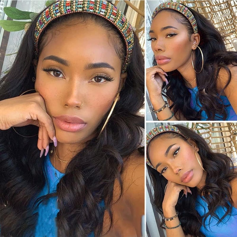 higher Headband Wig Human Hair Body Wave 16 Inch Glueless None Lace Front Wig Brazilian Virgin Hair Wear and Go Wigs for Black Women 150% Density Wigs Natural Black Color - Image 2