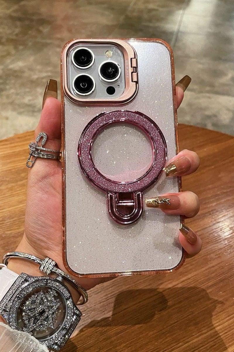 Glitter Liquid Kickstand Case for iPhone 15 Pro max,Cute Luxury Bling Sparkle with Camera stand Flowing Ring Stand Plating Bumper Shockproof Women Girls Cover for iPhone 15 pro max (Shiny Pink) - Image 1