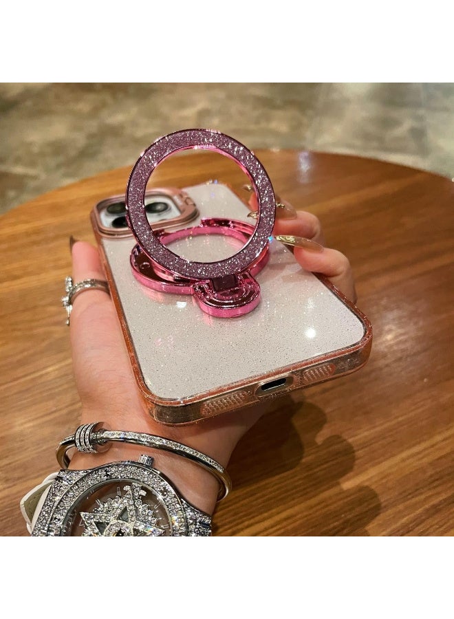 Glitter Liquid Kickstand Case for iPhone 15 Pro max,Cute Luxury Bling Sparkle with Camera stand Flowing Ring Stand Plating Bumper Shockproof Women Girls Cover for iPhone 15 pro max (Shiny Pink) - Image 2
