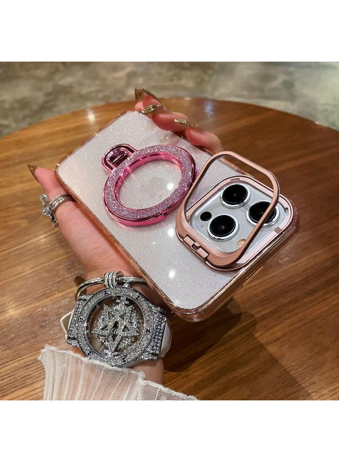 Glitter Liquid Kickstand Case for iPhone 15 Pro max,Cute Luxury Bling Sparkle with Camera stand Flowing Ring Stand Plating Bumper Shockproof Women Girls Cover for iPhone 15 pro max (Shiny Pink) - Image 4