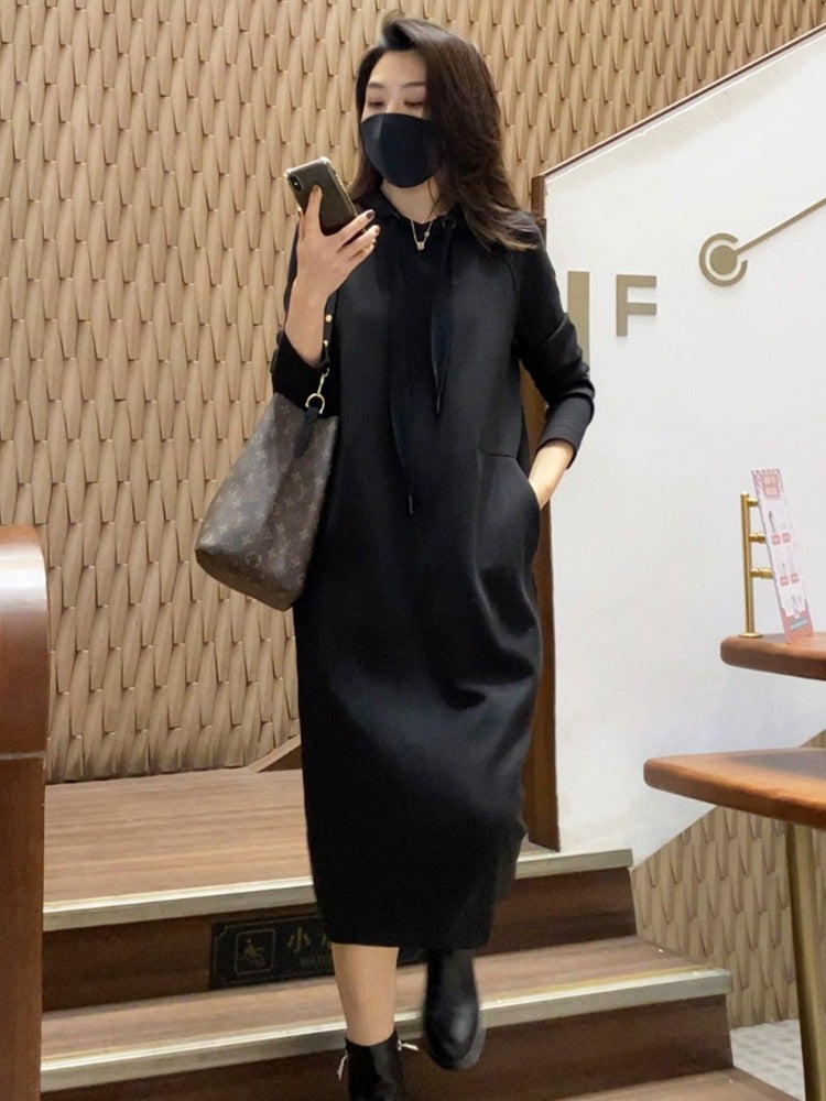 Sweater skirt womens autumn and winter high-grade temperament casual knitted dress mid-length loose slimming hooded sweater Black - Image 1
