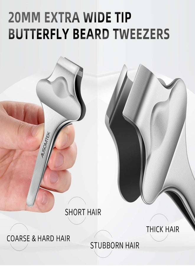 AUSOMTEK Butterfly Beard Tweezers, Hair Plucking, Fine Hair Removal Tweezers, Eyebrows Tool, Stainless Steel, 20mm Wide Tips, Anti-Slip Slot, Brown PU Case 1Pack - Image 3