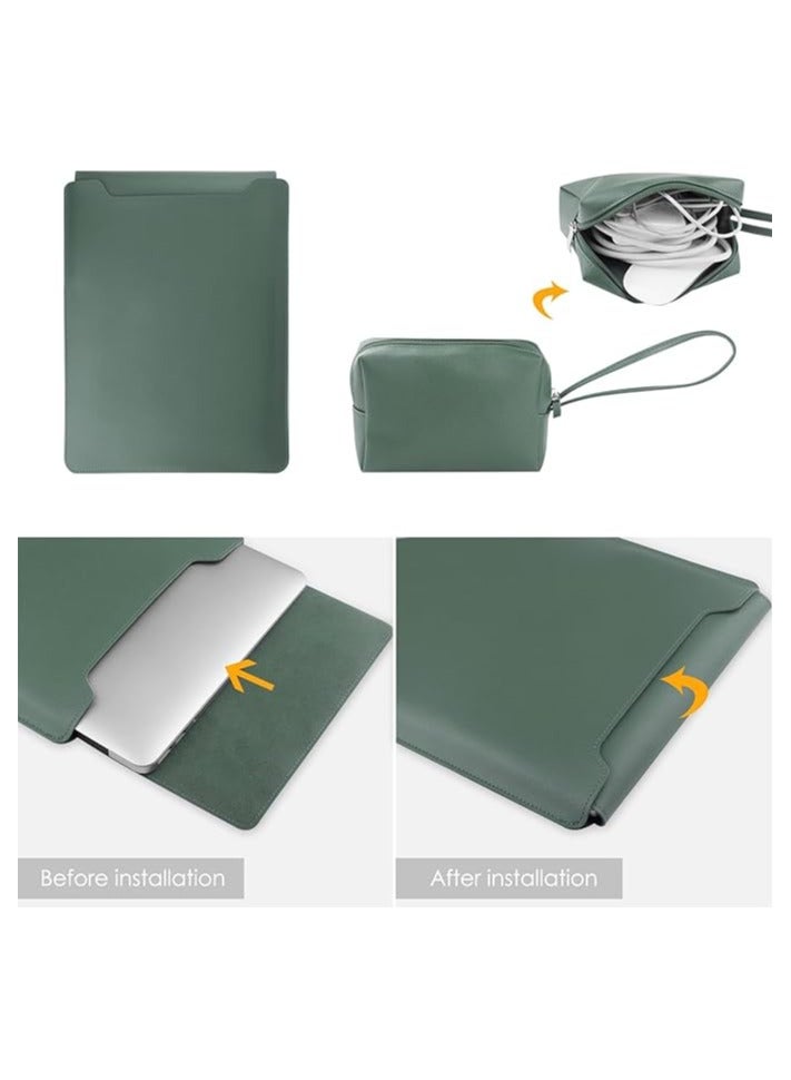 erorex Laptop Sleeve Case, 13-14 Inch Multifunctional Laptop Sleeve Case with Stand, Waterproof Leather Computer Protective Cover Bag, Slim Laptop Carrying Case, Suitable for Business Travel (Green) - Image 2
