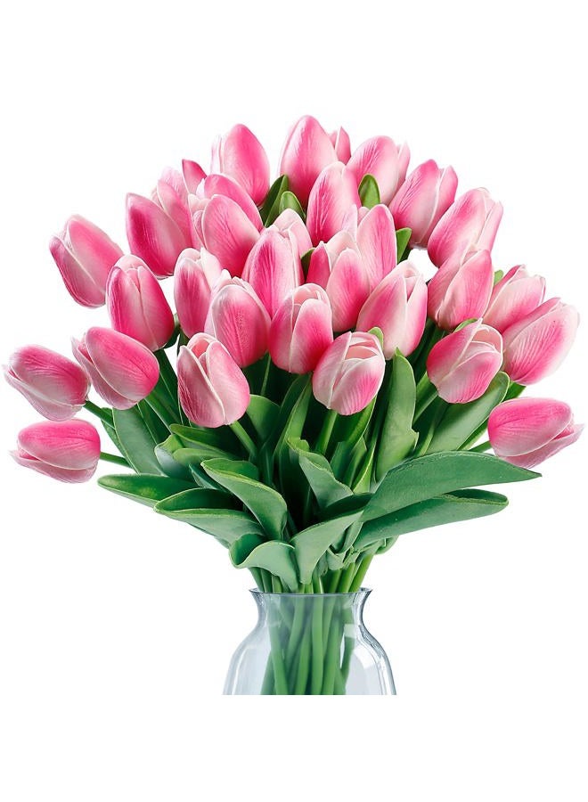 Sggvecsy 30 Pcs Fake Tulips Artificial Flowers Real Touch PU Faux Flowers Tulip Stems for Wedding Spring Bouquet Floral Arrangement Home Party Office Decorations for Mother's Day (Rose Pink) - Image 1