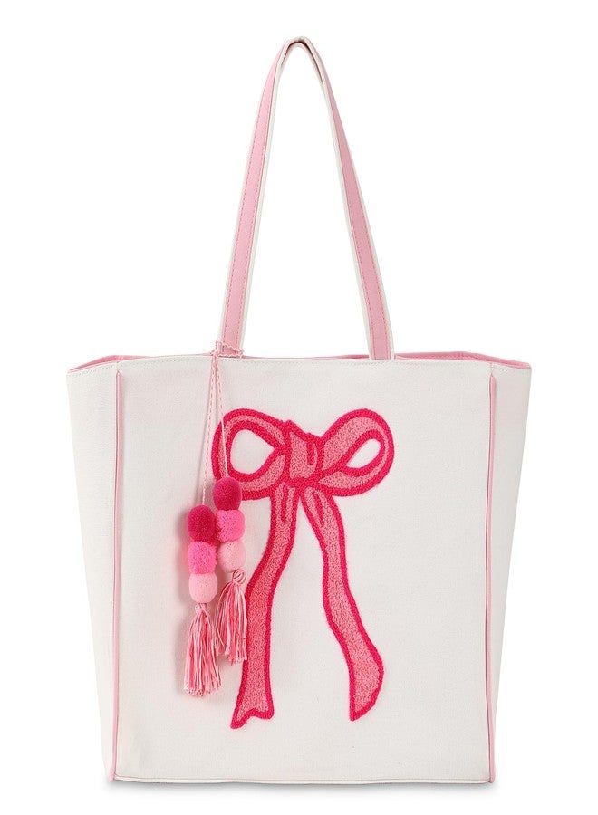 DYSHAYEN Tote Bag for Women,Chenille Embroidery Canvas Tote Bag with Tassel,Cute Shoulder Bag Handbag for Travel,Shop,Work,Grocery （Bow） - Image 1