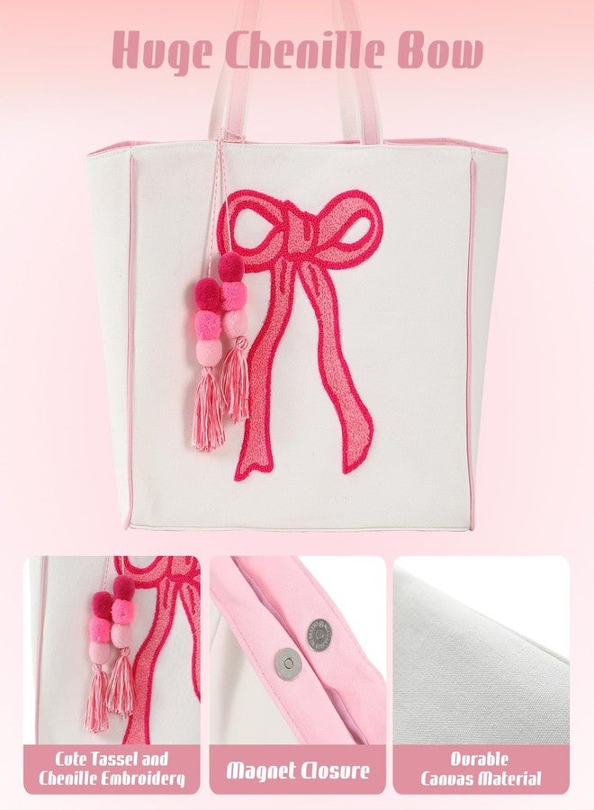 DYSHAYEN Tote Bag for Women,Chenille Embroidery Canvas Tote Bag with Tassel,Cute Shoulder Bag Handbag for Travel,Shop,Work,Grocery （Bow） - Image 2