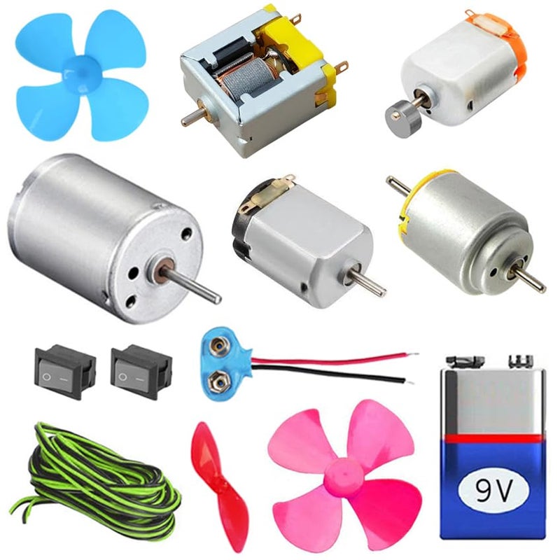 Kit4Curious Special Motor Kit - Open DC Motor, Vibration Motor, Dynamo Motor, Double Shaft Motor, DIY Toy Motor Kit with Switch, Wire, Connector, 9V Battery, Fan - Image 1