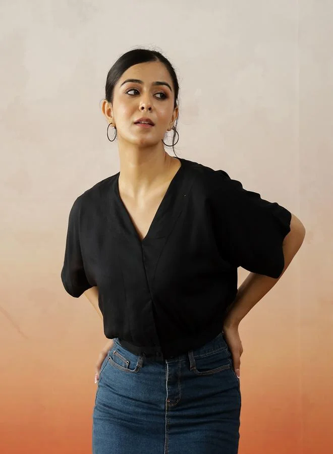 sanskrutihomes Sanskrutihomes Solid Extended Sleeves V-Neck Cotton Top
