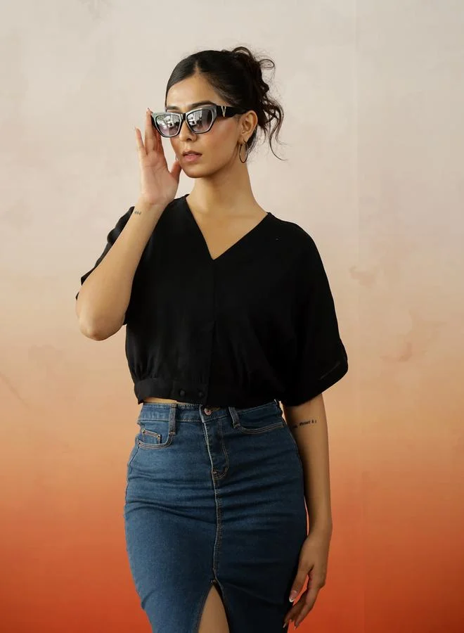 sanskrutihomes Sanskrutihomes Solid Extended Sleeves V-Neck Cotton Top