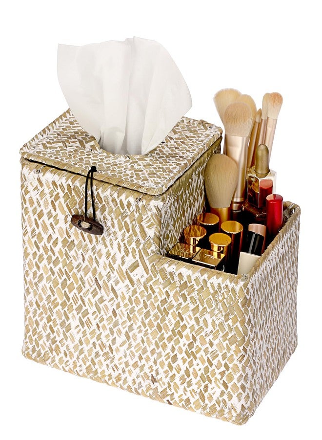 Sumnacon Tissue Box Cover Square Tissue Box Woven Seagrass Tissue Box Holder with Side Organizer, Rustic Tissue Holder for Living Room Bathroom Bedroom Kitchen Office Table Desk, White - Image 1