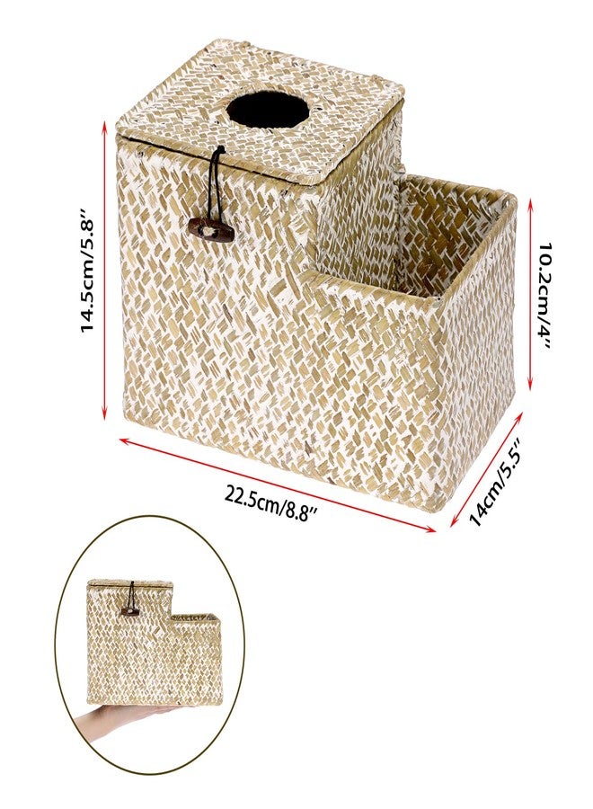 Sumnacon Tissue Box Cover Square Tissue Box Woven Seagrass Tissue Box Holder with Side Organizer, Rustic Tissue Holder for Living Room Bathroom Bedroom Kitchen Office Table Desk, White - Image 4