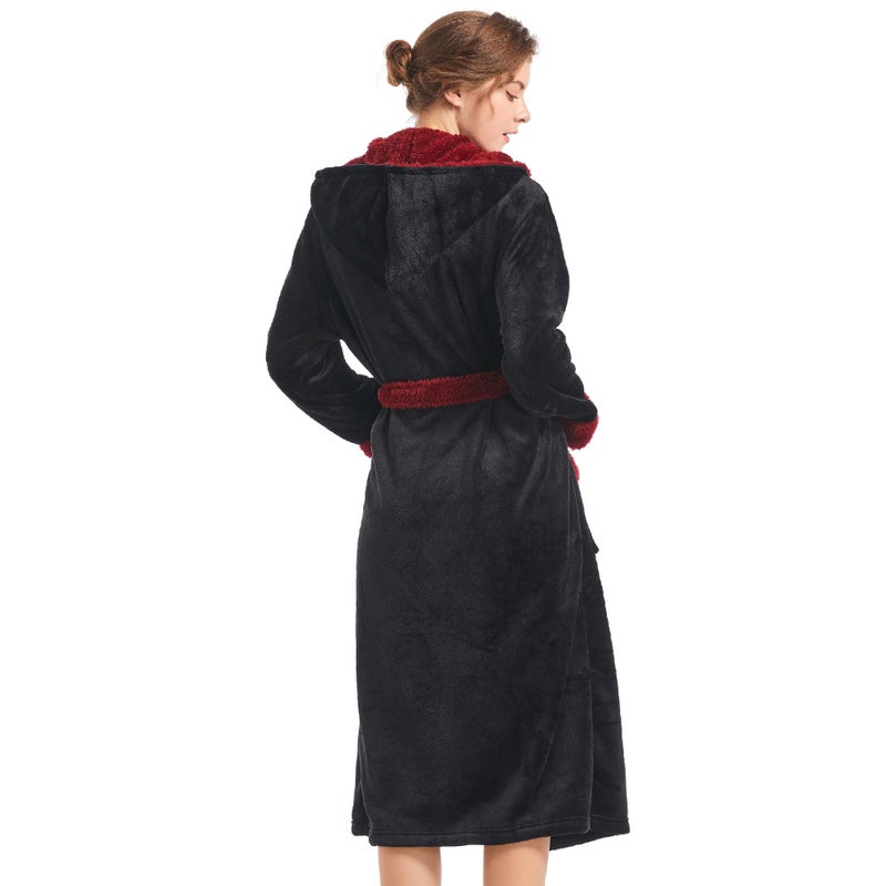 Inner Wish Women Hooded Plush Robe, Fleece Cozy Warm Bathrobe Fuzzy Female Spa Robe With Pockets Spa Bathrobe,BLACK+BURGUNDY, S/M - Image 3