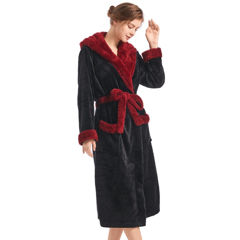 Inner Wish Women Hooded Plush Robe, Fleece Cozy Warm Bathrobe Fuzzy Female Spa Robe With Pockets Spa Bathrobe,BLACK+BURGUNDY, S/M - Image 2