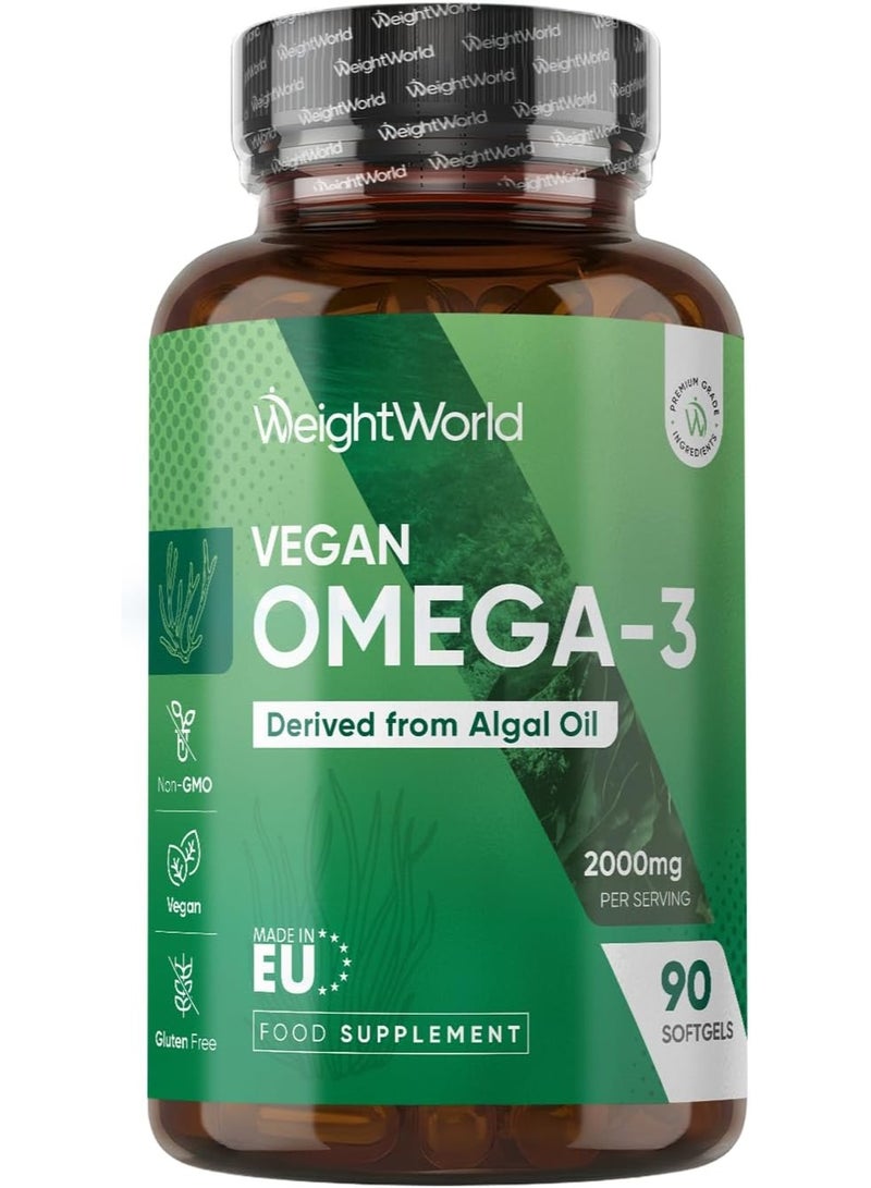 WeightWorld Vegan Omega 3 Supplement - 2000mg per Serving - 90 Softgels - 45 Days Supply - Derived from Algal Oil - 2 Softgels a Day - DHA and EPA-Rich Oil - Omega-3 Nutritional Supplements - Image 1
