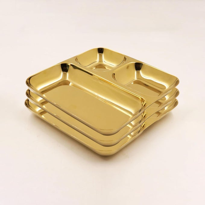 STAINLESS STEEL GOLD TIFFIN PLATEBHOJAN THALISECTIONED PLATEPARTITION PLATE FOR LUNCHBREAKFASTDINNERPAVBHAJIIDLY SAMBARSNACKS L205CM W330G SQ GOLD PLATEPACK OF 3