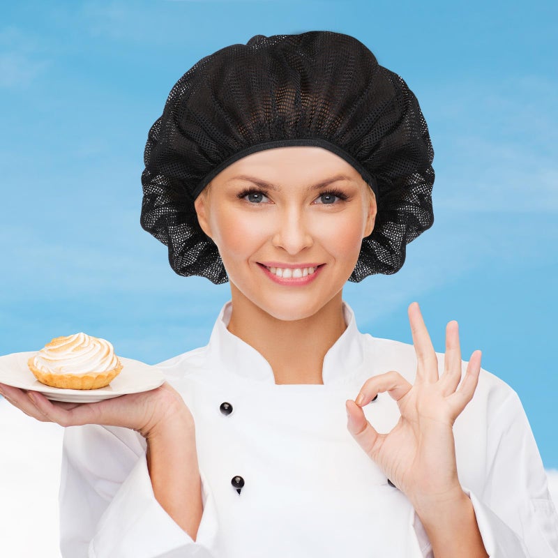 Trinkrittey 6 Pcs Chef Hat Unisex Elastic Kitchen Cooking Hat Food Service Hair Nets Mesh Cap Adjustable Reusable Washable Cooking Chef Cap(Black) - Image 5