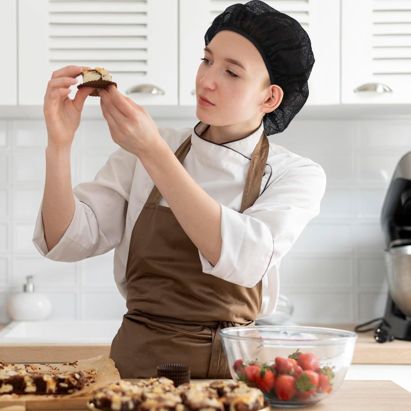 Trinkrittey 6 Pcs Chef Hat Unisex Elastic Kitchen Cooking Hat Food Service Hair Nets Mesh Cap Adjustable Reusable Washable Cooking Chef Cap(Black) - Image 4