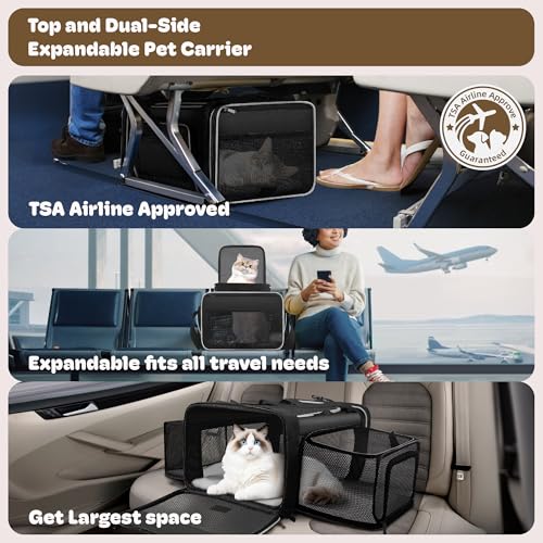 SHARLOVY Top and 2 Sides Expandable Cat Carrier 18x13.5x9.5, TSA Airline Approved Dog Carriers for Small Dogs, Soft-Sided Pet Carrier with Self-Locking Zippers for Kitten,Rabbit,Puppy, Black White - Image 2