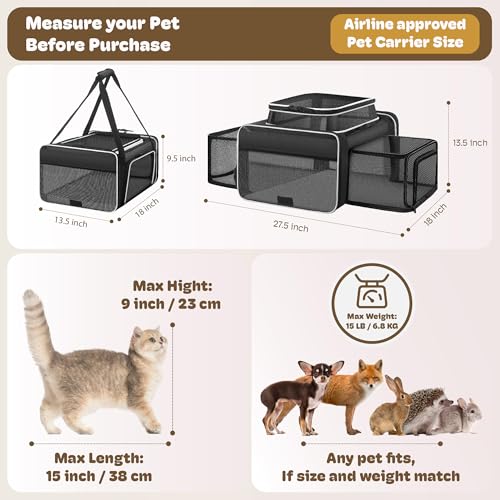 SHARLOVY Top and 2 Sides Expandable Cat Carrier 18x13.5x9.5, TSA Airline Approved Dog Carriers for Small Dogs, Soft-Sided Pet Carrier with Self-Locking Zippers for Kitten,Rabbit,Puppy, Black White - Image 4