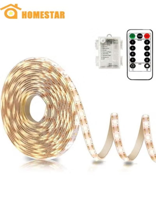 HOMESTAR Battery Powered LED Strip Lights with Remote Warm White, 8 Modes, Dimmable, Timer, Self-Adhesive, Cuttable, Waterproof, for TV, Kitchen, Cupboard, Bedroom Decor - Image 1