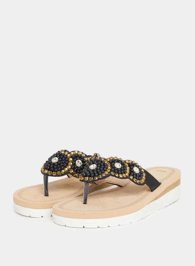 Styli Embellished Pearl Flower Pattern Flat Sandals