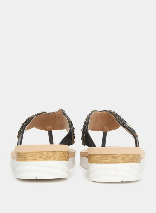 Styli Embellished Pearl Flower Pattern Flat Sandals
