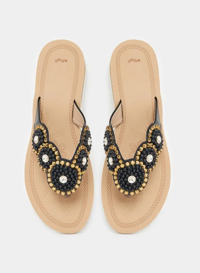 Styli Embellished Pearl Flower Pattern Flat Sandals
