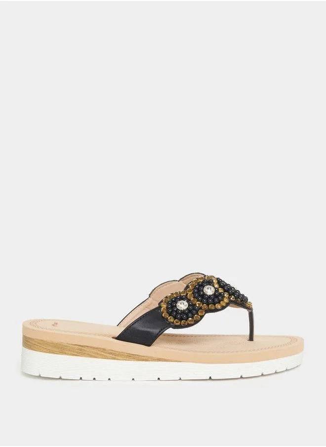 Styli Embellished Pearl Flower Pattern Flat Sandals