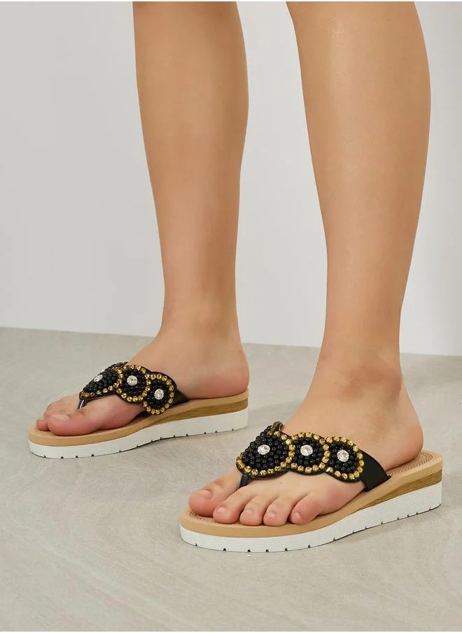 Styli Embellished Pearl Flower Pattern Flat Sandals
