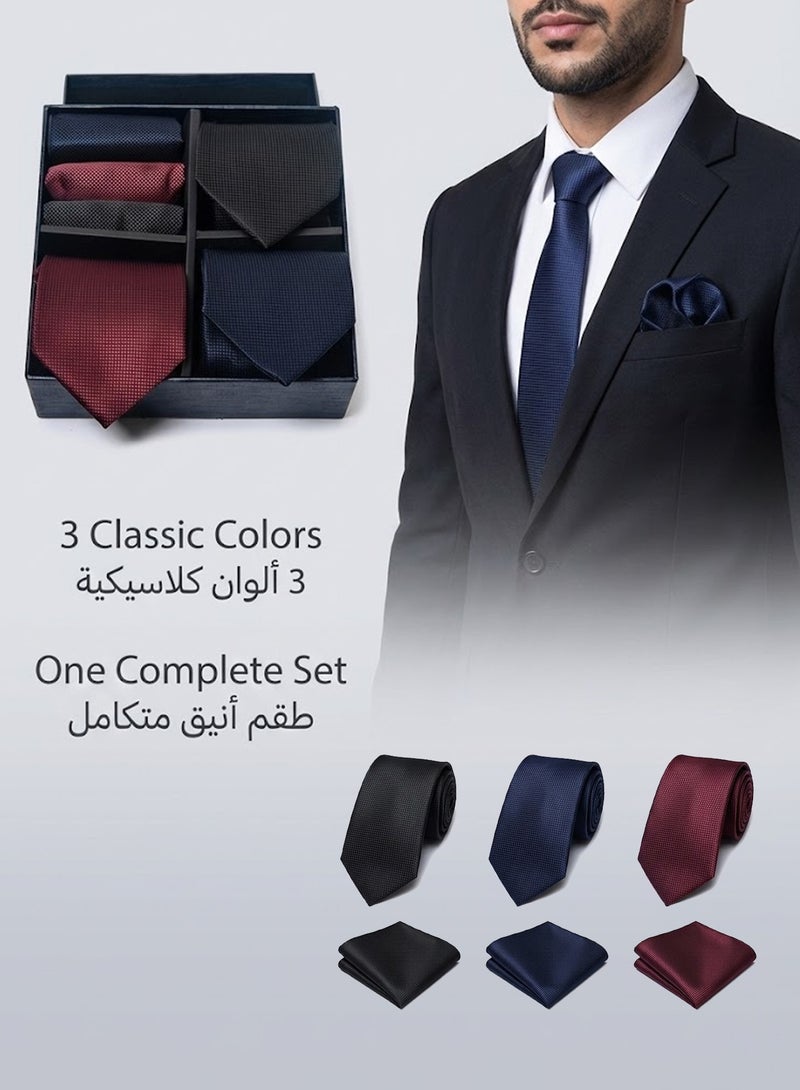 FIORICASA Men’s Premium 6-Piece Tie & Pocket Square Gift Set – 3 Neckties with 3 Matching Pocket Squares (Red, Black, Blue) - Image 1