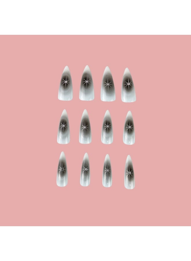 Goolsky أظافر صناعية طويلة مدببة فاخرة مع بقع سوداء وزخارف نجوم من الكريستال بأسلوب Y2K - Image 2