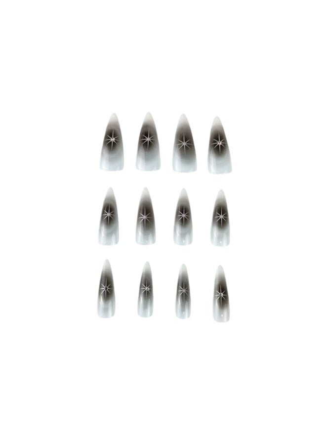 Goolsky أظافر صناعية طويلة مدببة فاخرة مع بقع سوداء وزخارف نجوم من الكريستال بأسلوب Y2K - Image 3