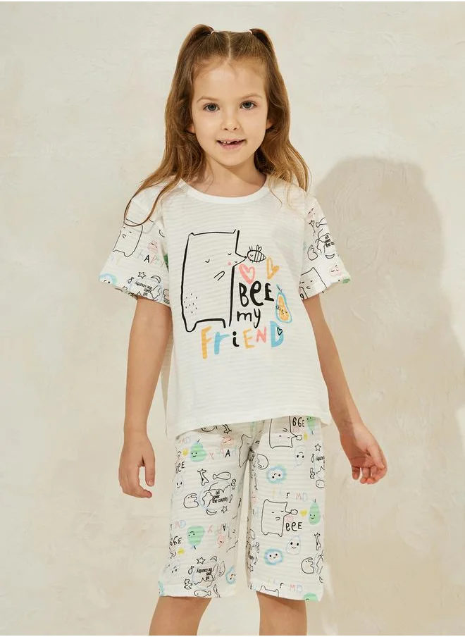 Styli Cartoon Print T-Shirt and Crop Pants Set