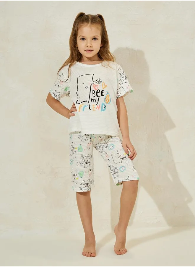 Styli Cartoon Print T-Shirt and Crop Pants Set