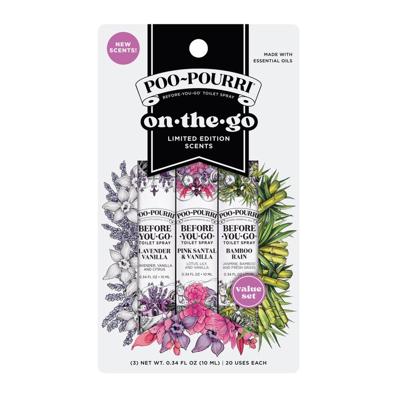 Poo-Pourri Before-You-Go Toilet Spray, Spring On-The-Go, Travel Size Variety 10 mL – Lavender Vanilla, Vanilla Petals & Santal, and Bamboo Rain