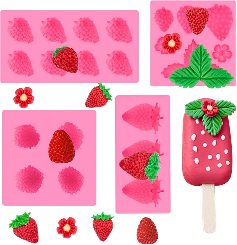 Puyeipt 4 Pcs Strawberry Fondant Molds, Strawberry Chocolate Molds, 3D Flower Fruit Silicone Baking Molds for Cake Decoration, Cupcake Topper, Candle, Clay, Wax Making - Image 1
