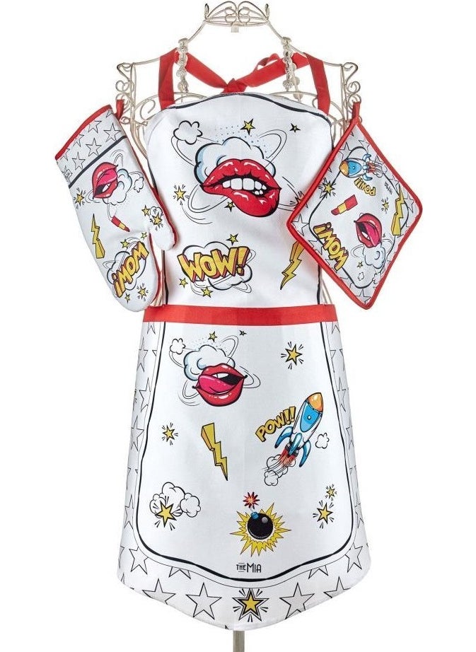 THE MIA Popart Apron Gloves Handle Set of 3 White 