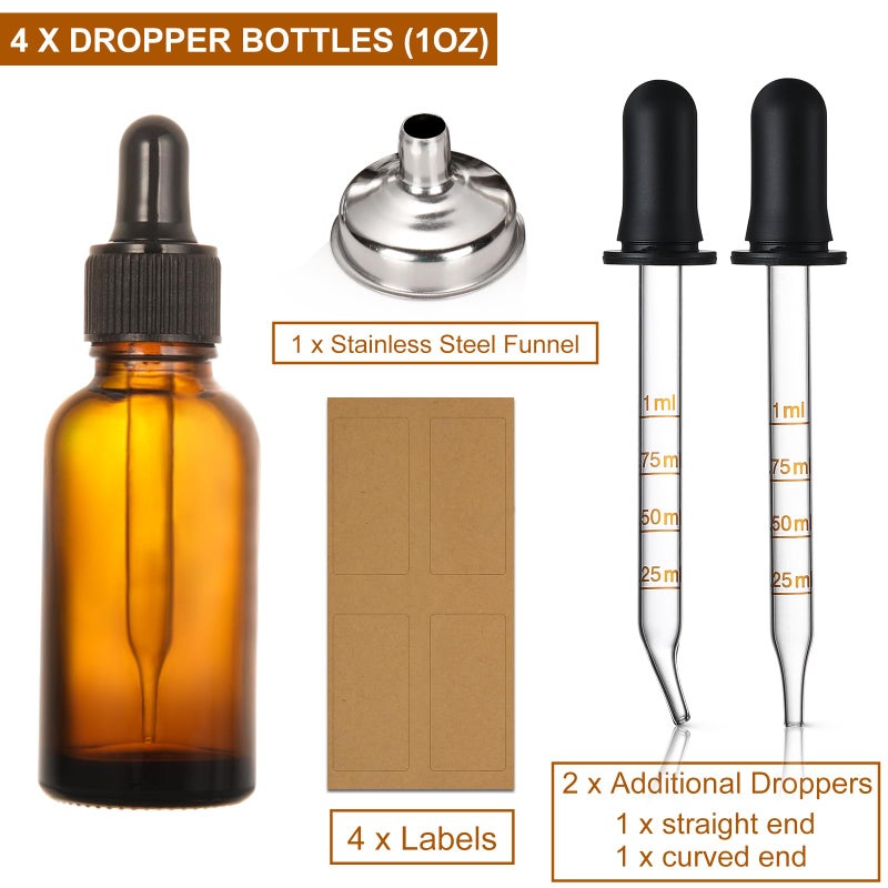 Aozita 4 Pack, 1 oz Amber Glass Dropper Bottles Plus 2pcs Graduated Calibrated Glass Pipettes (1ml)- 30ml Dark Brown Tincture Bottles with Eye Droppers for Essential Oils, Liquids - Leakproof Travel Bottle - Image 2