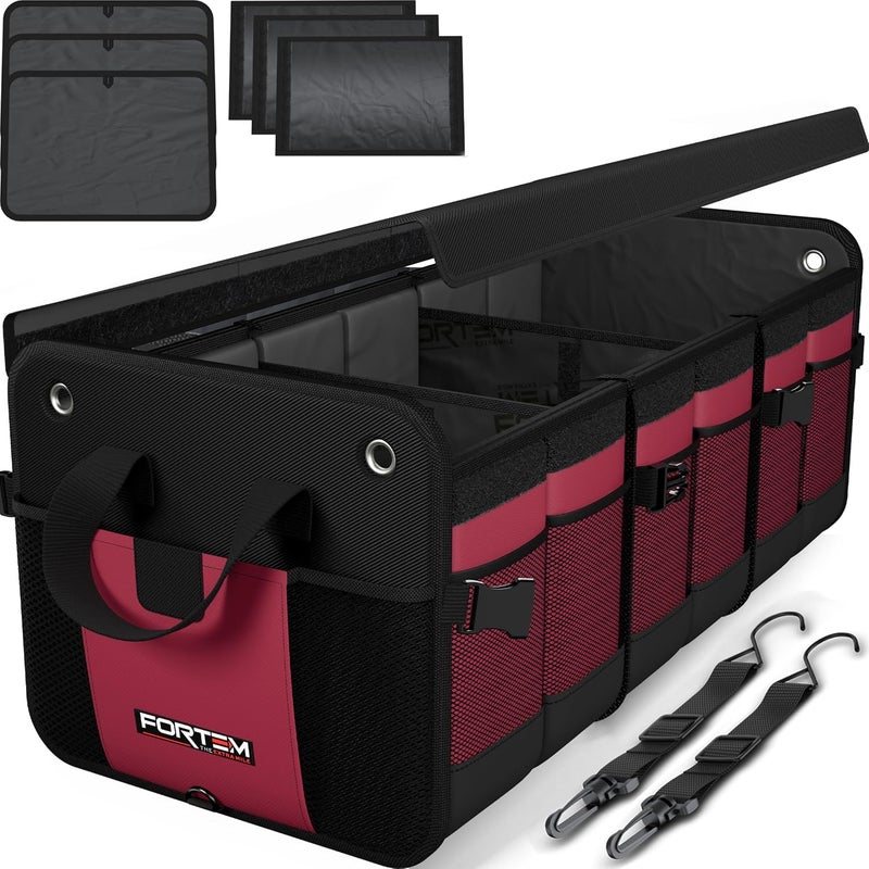 FORTEM Car Trunk Organizer, SUV Trunk Organizer, Car Storage Organizer, Collapsible Multi Compartment Car Organizer, Non Slip Bottom, Adjustable Securing Straps, Foldable Cover (3 Compartments, Red) - Image 1