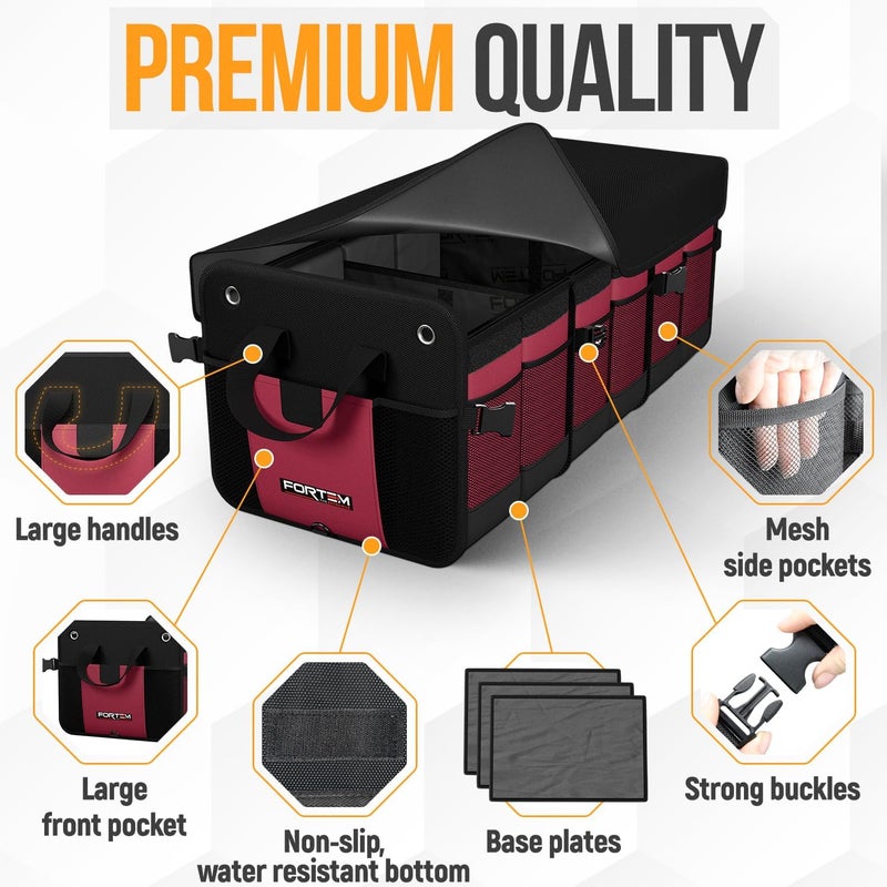 FORTEM Car Trunk Organizer, SUV Trunk Organizer, Car Storage Organizer, Collapsible Multi Compartment Car Organizer, Non Slip Bottom, Adjustable Securing Straps, Foldable Cover (3 Compartments, Red) - Image 2