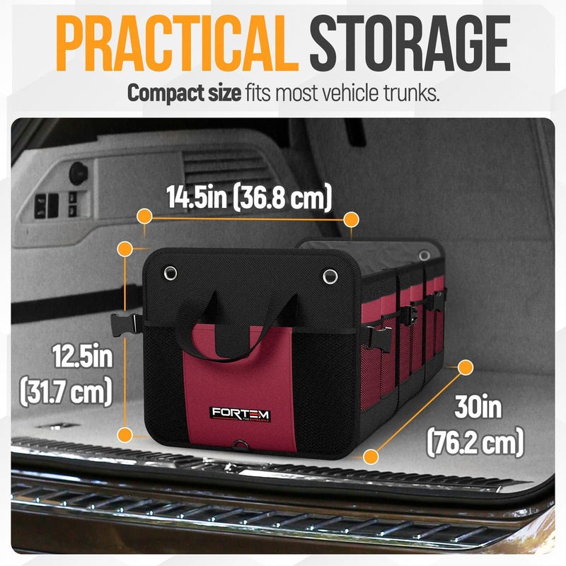 FORTEM Car Trunk Organizer, SUV Trunk Organizer, Car Storage Organizer, Collapsible Multi Compartment Car Organizer, Non Slip Bottom, Adjustable Securing Straps, Foldable Cover (3 Compartments, Red) - Image 3