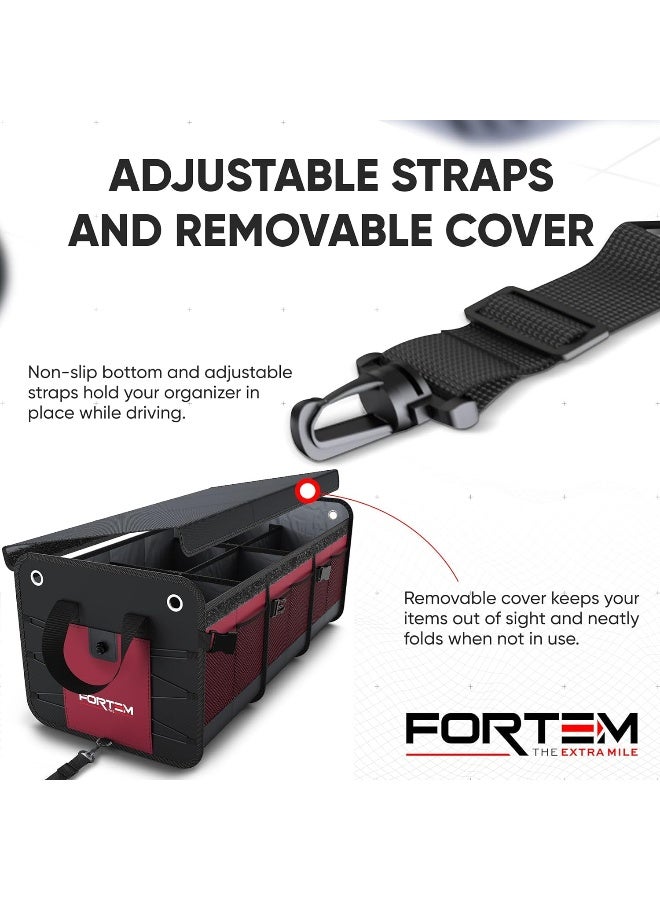 FORTEM Car Trunk Organizer, SUV Trunk Organizer, Car Storage Organizer, Collapsible Multi Compartment Car Organizer, Non Slip Bottom, Adjustable Securing Straps, Foldable Cover (3 Compartments, Red) - Image 5
