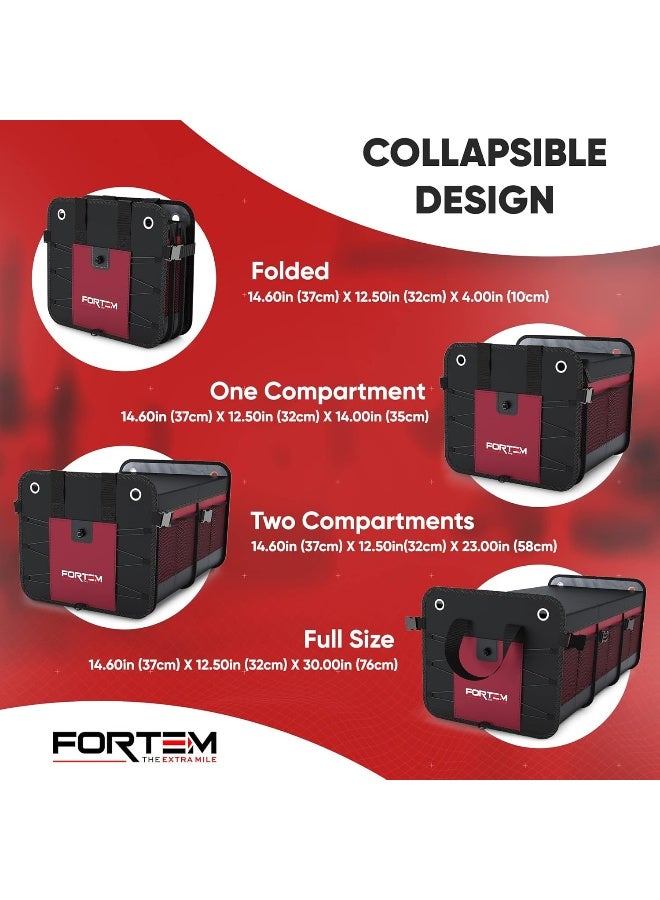 FORTEM Car Trunk Organizer, SUV Trunk Organizer, Car Storage Organizer, Collapsible Multi Compartment Car Organizer, Non Slip Bottom, Adjustable Securing Straps, Foldable Cover (3 Compartments, Red) - Image 4