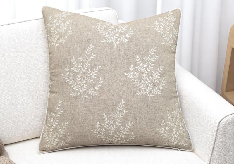 VAGMINE Embroidered Leaves Throw Pillow Cover  18x18 Inches Square  100 Linen Natural Decorative Cushion Cover  Artistic Floral Embroidery  Cozy Farmhouse  Boho Accent for Sofa Couch Bedroom