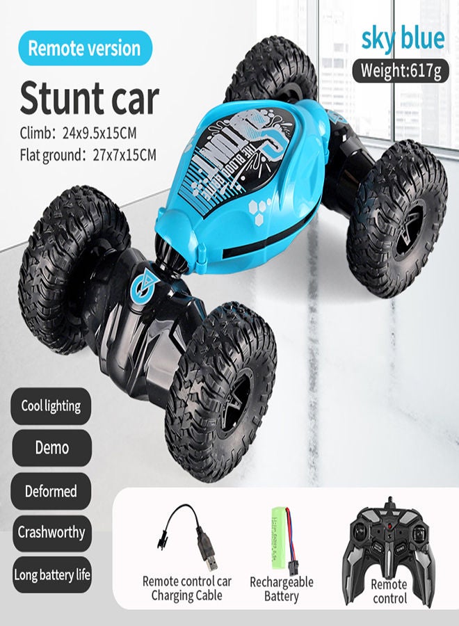 AROAQ Sky Blue Remote Control Stunt Car 4WD Stunt Twisting Off Road Deformed Vehicle Cool Light Music Drift Traverse Remote Control Dancing Side Driving Toy  - Image 1