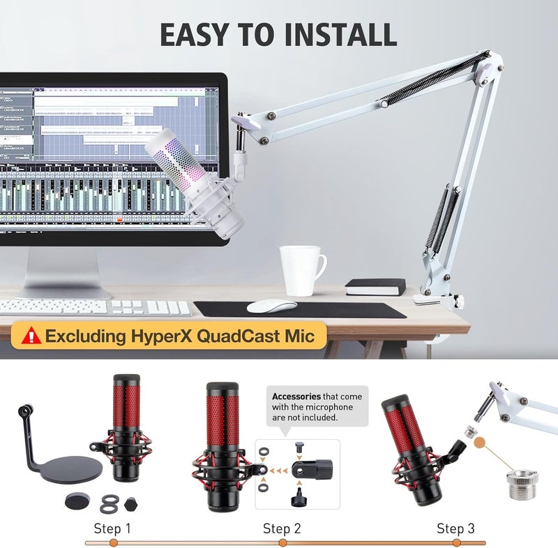 SUNMON For HyperX QuadCast S White Boom Arm - White Mic Arm Compatible with Hyper x QuadCast, Microphone Boom Arm with Pop Filter, Improve Sound Quality, Mic Boom Arm for Hyperx QuadCast by - Image 2