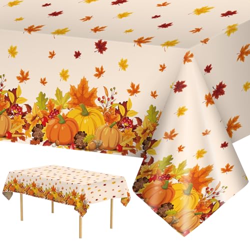 Litmitfu 2 Pcs Thanksgiving Tablecloth Plastic - Disposable Fall Table Cloths, Autumn Rectangle Pumpkin Maple Leaf Table Cover for Happy Thanksgiving Day Tables Decorations Party Supplies Favors, 54x108 Inch - Image 1