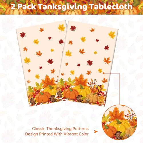 Litmitfu 2 Pcs Thanksgiving Tablecloth Plastic - Disposable Fall Table Cloths, Autumn Rectangle Pumpkin Maple Leaf Table Cover for Happy Thanksgiving Day Tables Decorations Party Supplies Favors, 54x108 Inch - Image 4
