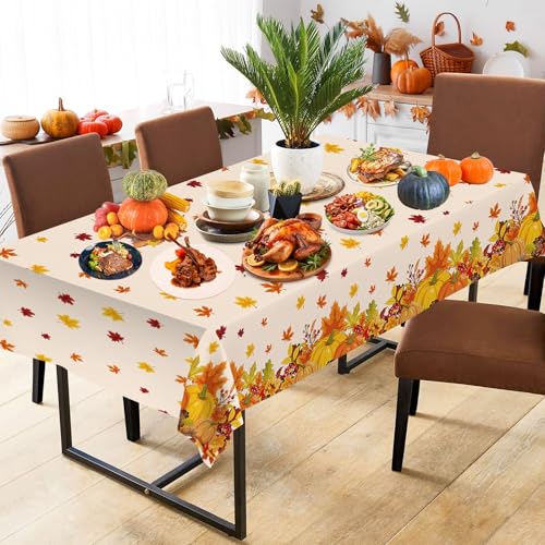 Litmitfu 2 Pcs Thanksgiving Tablecloth Plastic - Disposable Fall Table Cloths, Autumn Rectangle Pumpkin Maple Leaf Table Cover for Happy Thanksgiving Day Tables Decorations Party Supplies Favors, 54x108 Inch - Image 2